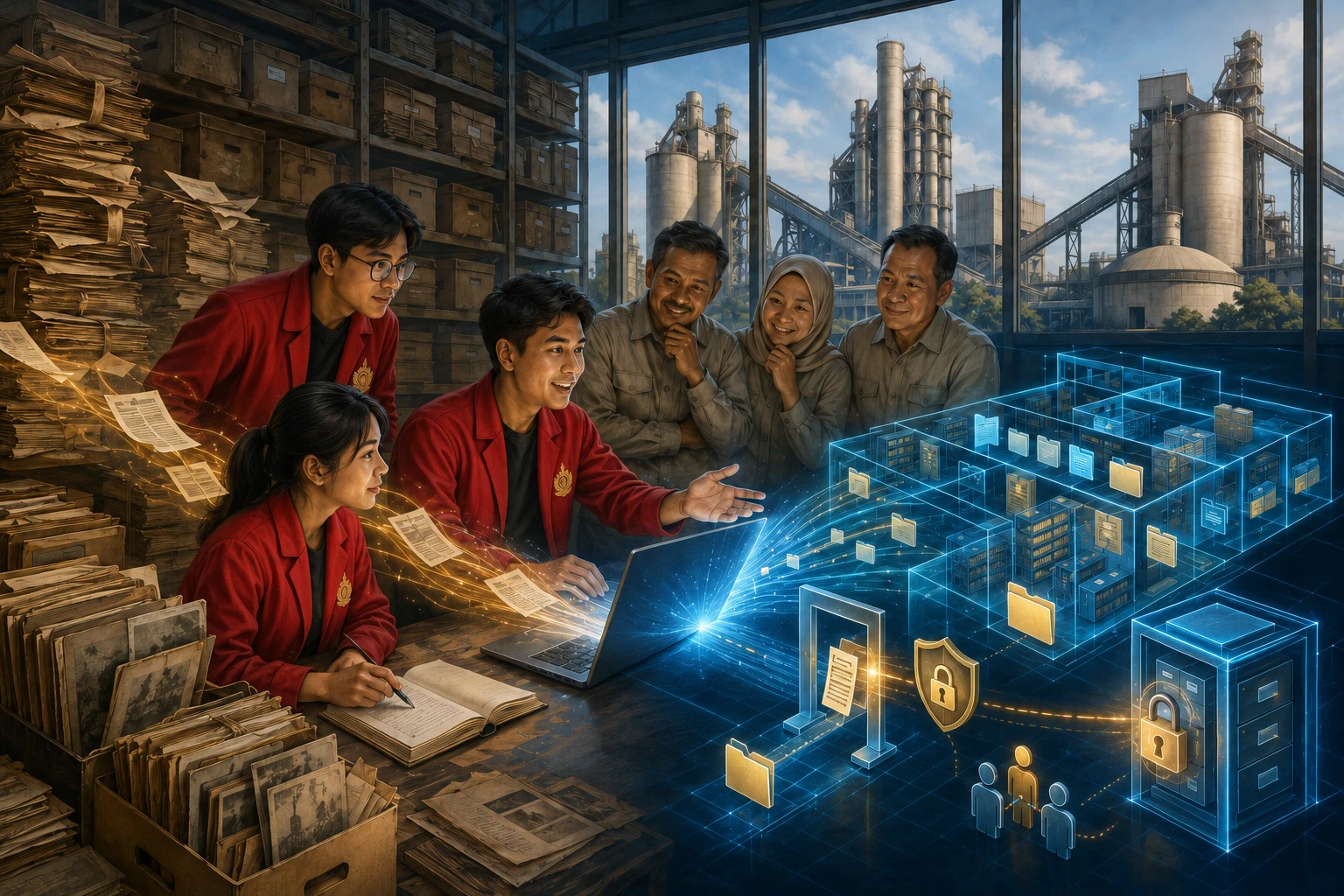 Mahasiswa KKN-T Unhas menghadirkan sistem arsip digital untuk mempercepat transformasi administrasi PT Semen Tonasa. (Ilustrasi: ChatGPT).